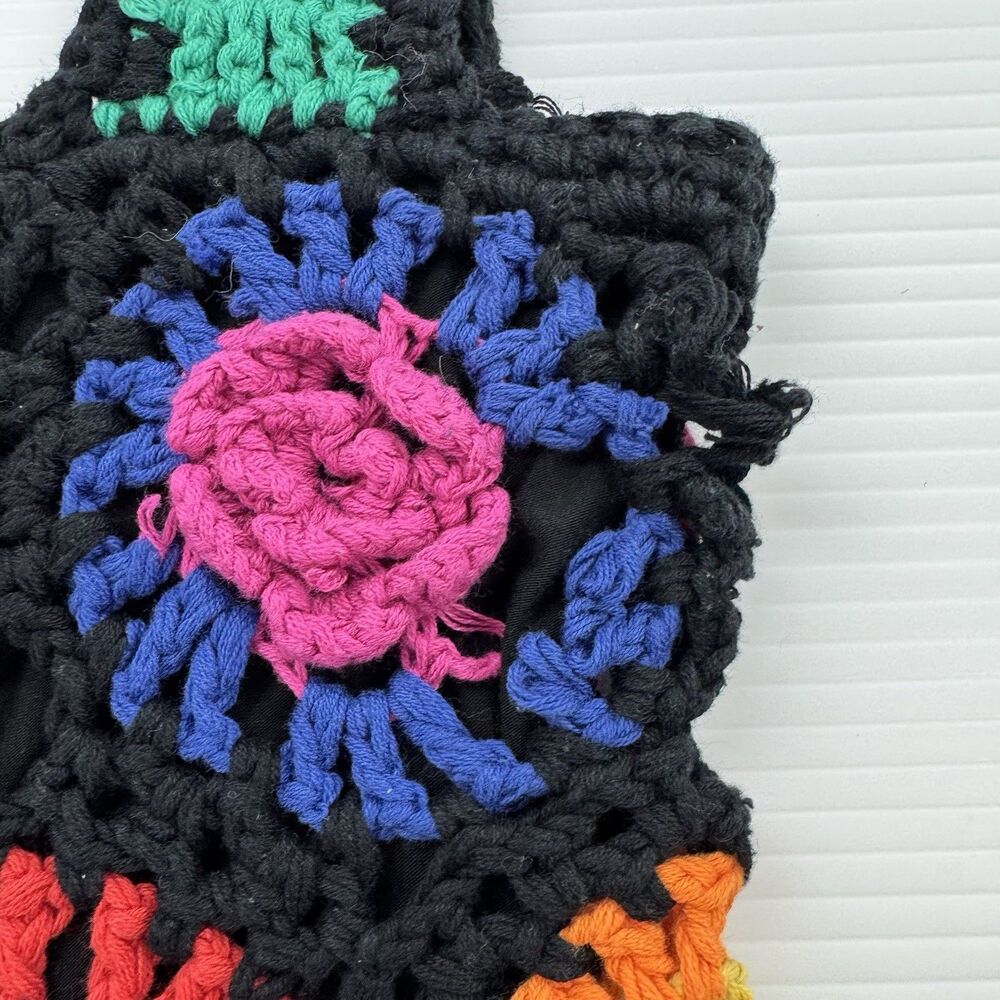 FARM Rio Womens M Crochet Flowers Crop Top Black Multicolor Granny Square Lined - Picture 10 of 13